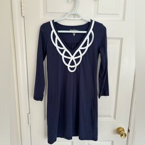 Lilly Pulitzer Navy Blaire Embroidered Pima Cotton 3/4 Sleeve V Neck Dress